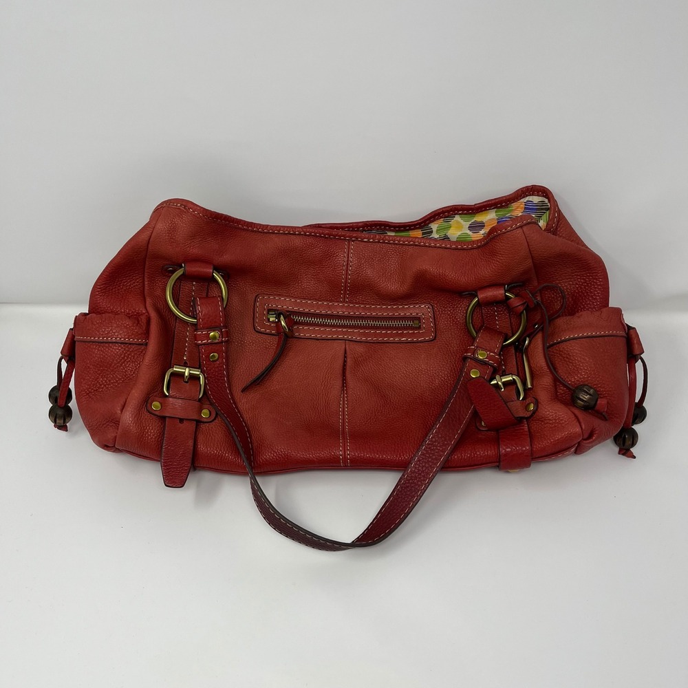 Vintage Fossil Leather Shoulder Bag Medium Red Boho Brass Wood Bead 2000s